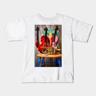 Violins And Trumpet On Chair Kids T-Shirt